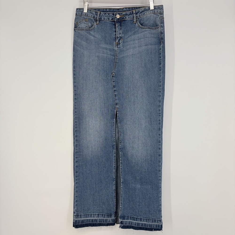 Bisou Bisou Denim Maxi Skirt 8 Minimalist Raw Hem Pencil Y2K Preppy Boho Classic